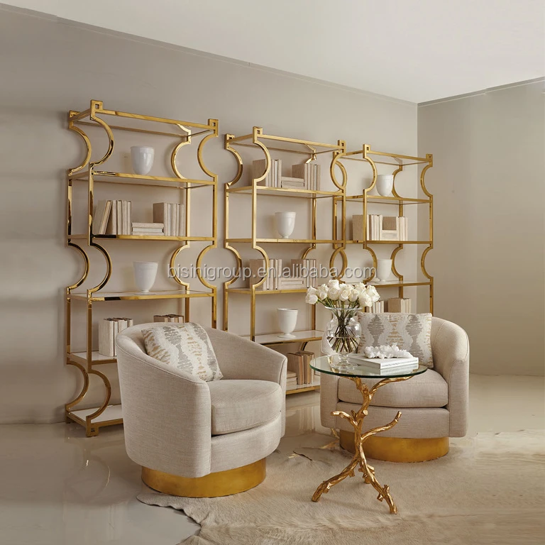 Элегантный стильный неоклассическом Золотой лестницы из нержавеющей стали в форме книжный шкаф для библиотеки BF12-11274a