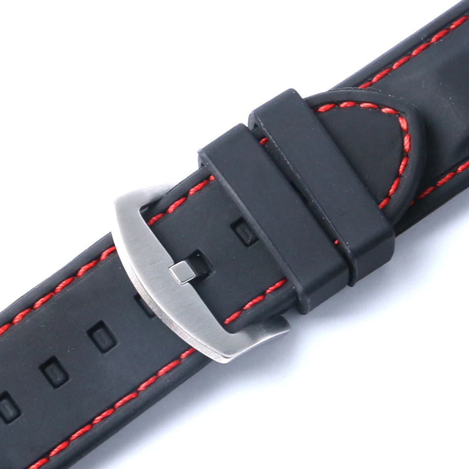 22MM 24MM Watchband Military Bracelet Ourdoor Red Line Stitching Sport Rubber Black Silicone Soft Waterproof Watch Strap Band  (10)