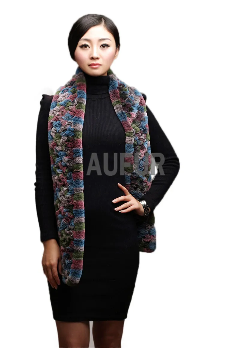 Fashion Genuine Rex Rabbit Fur Scarf Women Knitted Real Rabbit Fur Muffler Multicolor Lady Scarves 2015 Winter AU00518
