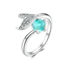 925 Sterling Silver Gift Jewelry Women Mermaid Tail Blue Sea Glass Open Ring
