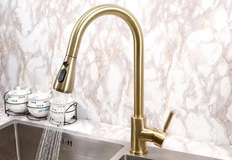 Brushed Gold Single Lever Kitchen Taps Sink Faucet With Spray