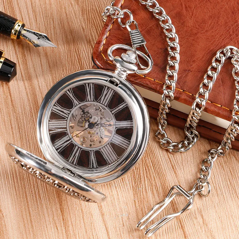 High Quality Special Design Copper Hand-winding Stylish Steampunk Mechanical Pocket Watch Men Carving Wood Circle Fashion Chain  2017 2018 Gifts (24)