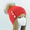 2019 Hot Sale Fashion Wool Knitted Hat Three Buttons Cable Red Adult Custom Knit Hat Raccoon Fur Pompom Women Winter Beanie Hat
