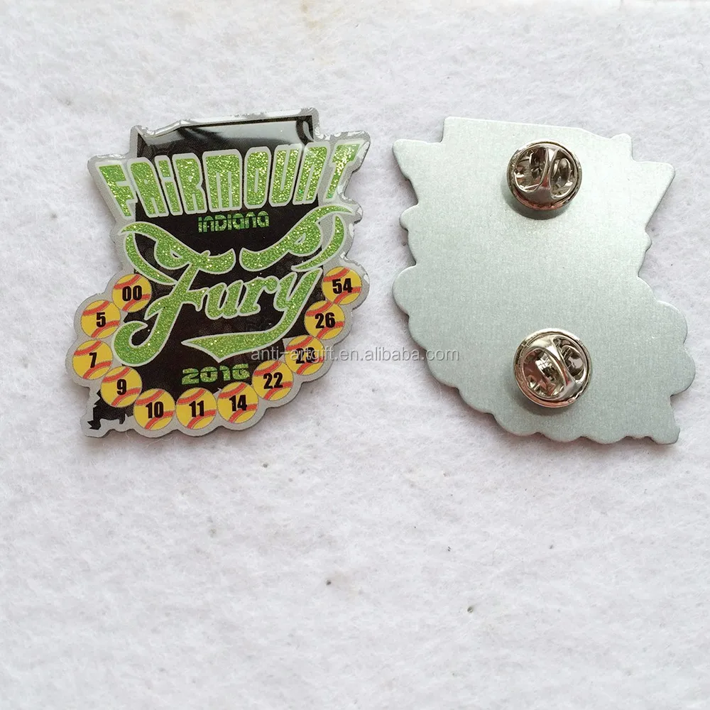 custom design offset printing baseball pins with green glitters