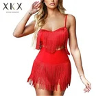 Fashion new tassel red sexy strap dress mini evening party dress