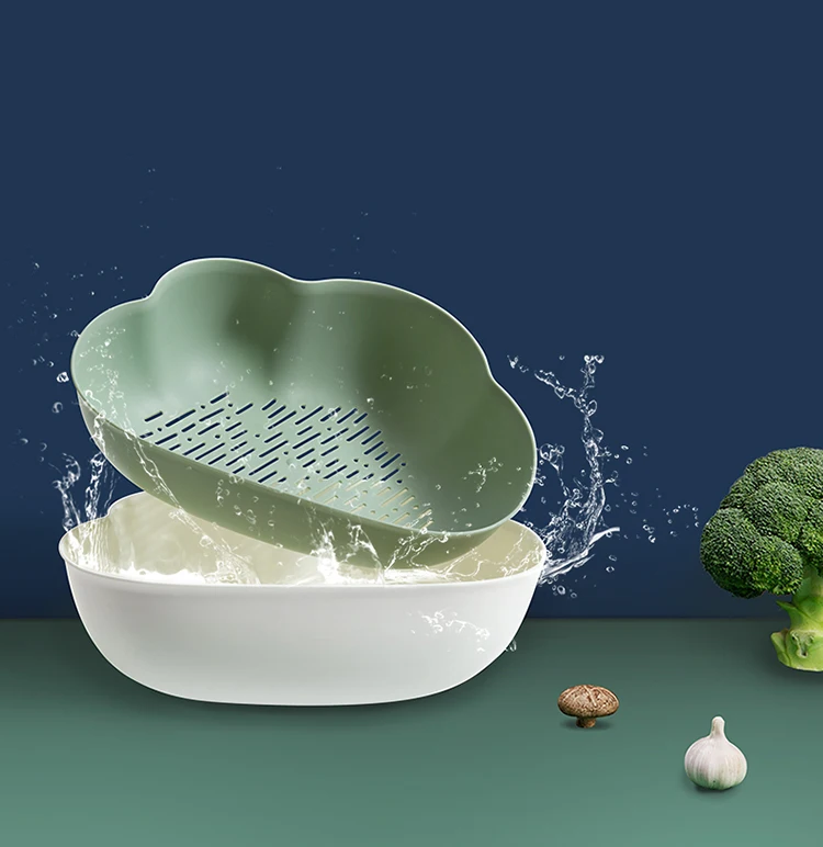 Nouveau produit en ligne panier d'égouttage sûr et facile à nettoyer bac à légumes outils de cuisine panier à fruits Double lavage