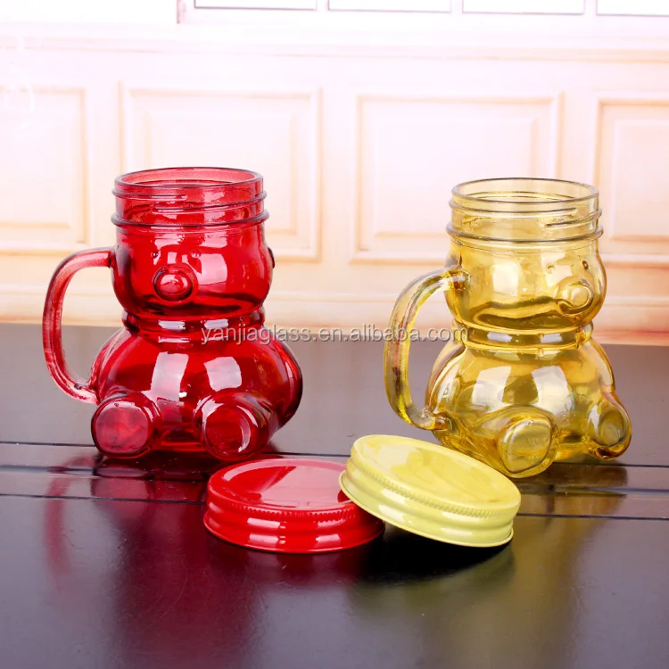 400ml bear shaped glass mason jar with handle for juice beverage with metal lid