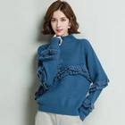 Spring blue lotus edge decoration half collar pullover knitted girl sweater jumper