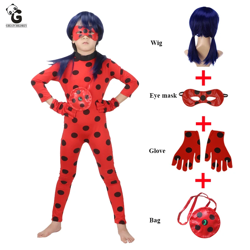 Mariquita niños disfraces Anime Cosplay peluca disfraz de Halloween para niños niñas vestido de fiesta de Marinette Lady Bug traje mono
