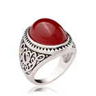 Inlay Black Red Big Gemstone Antique Silver Color Carved Flower Ring
