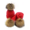 9 colors in stock fashion winter wear warm fox fur pom pom cute Parent-child knitted scarf hat sets