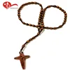 Natural Brown Oval Wood Beads Cord Rosary with big cross