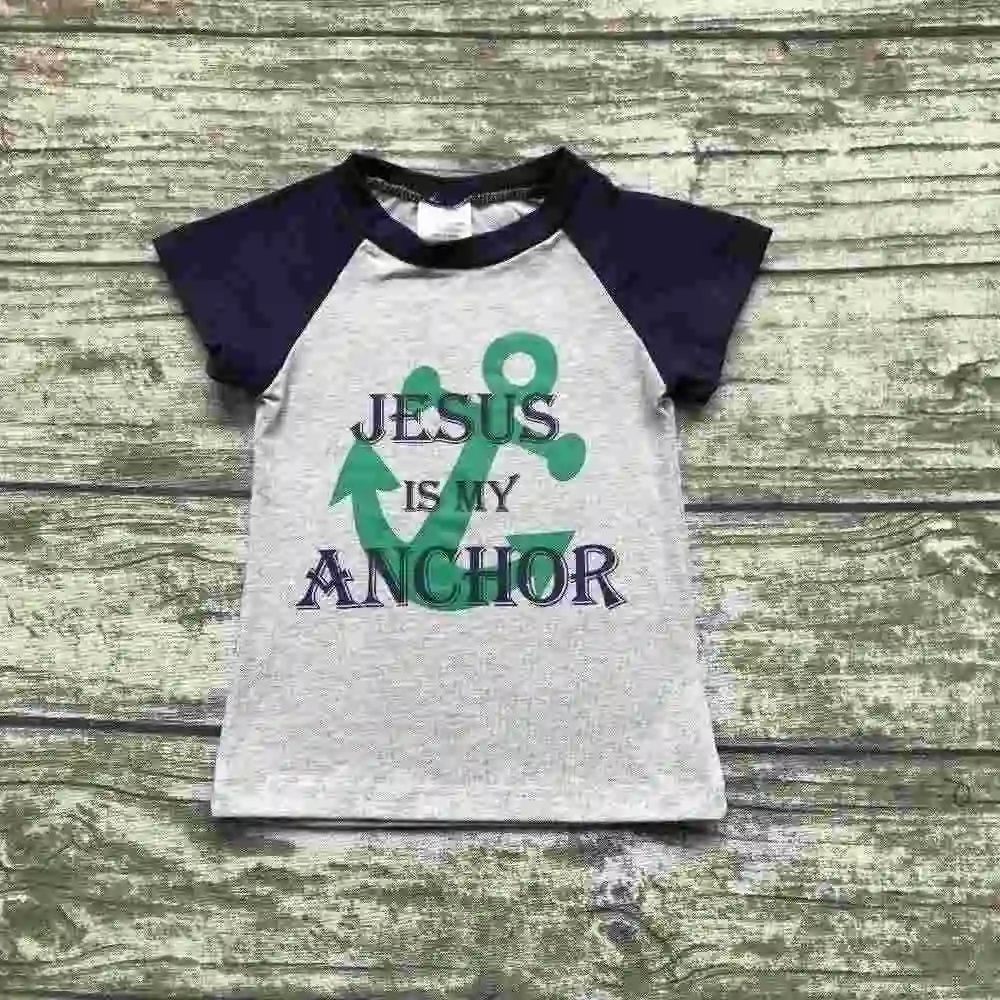 baby boy shorts sets boutique outfits cute cotton Jesus is my anchor top shirts raglans summer clothes gray black kids wear