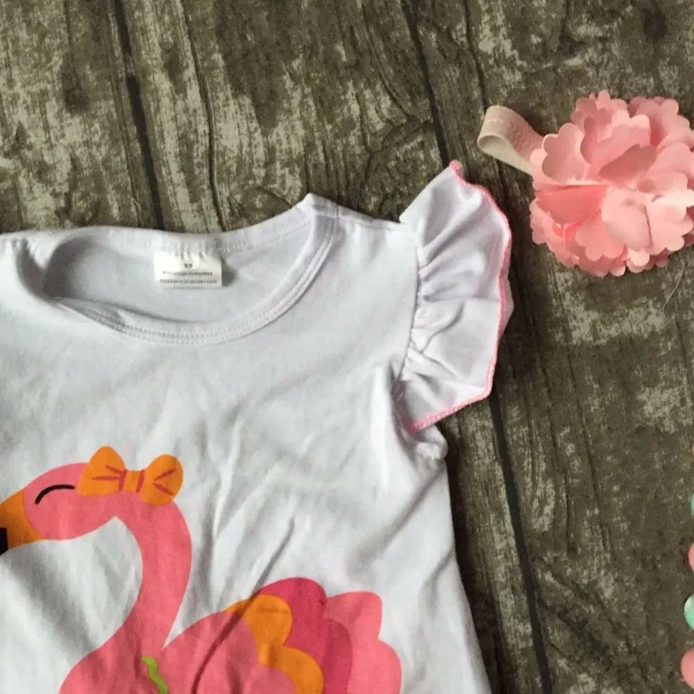 new girls outfit flamingo set white coral mint kids boutique short sets ruffles cotton girls clothing matching with accessories