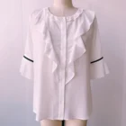 High-end Custom Models White Ruffle Front Short Sleeve Solid Pleated Lady's Top Blouse for Women