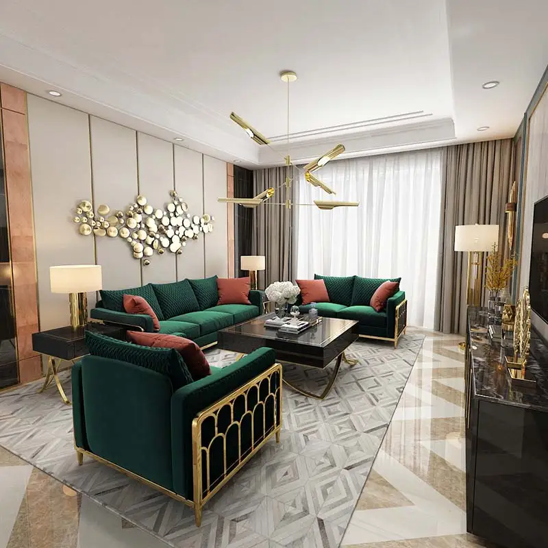 Green Velvet Banquet Chromed Stainless Steel Legs Living Room Luxurious 4 Settee Sofa with Cushion