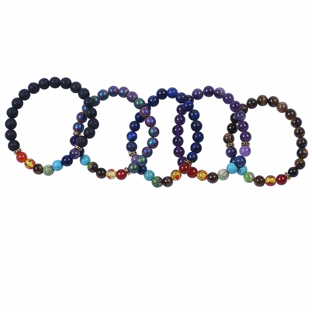 semi-precious 7chakra stone black lava beaded bracelet