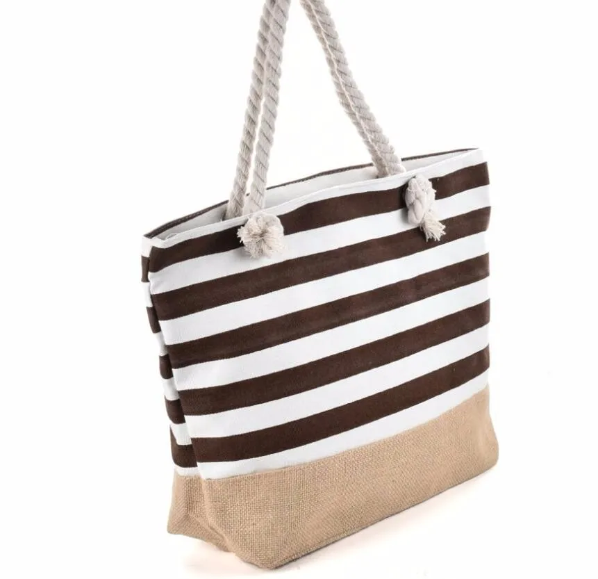 wholesale custom jute stripe canvas beach tote bag rope handle