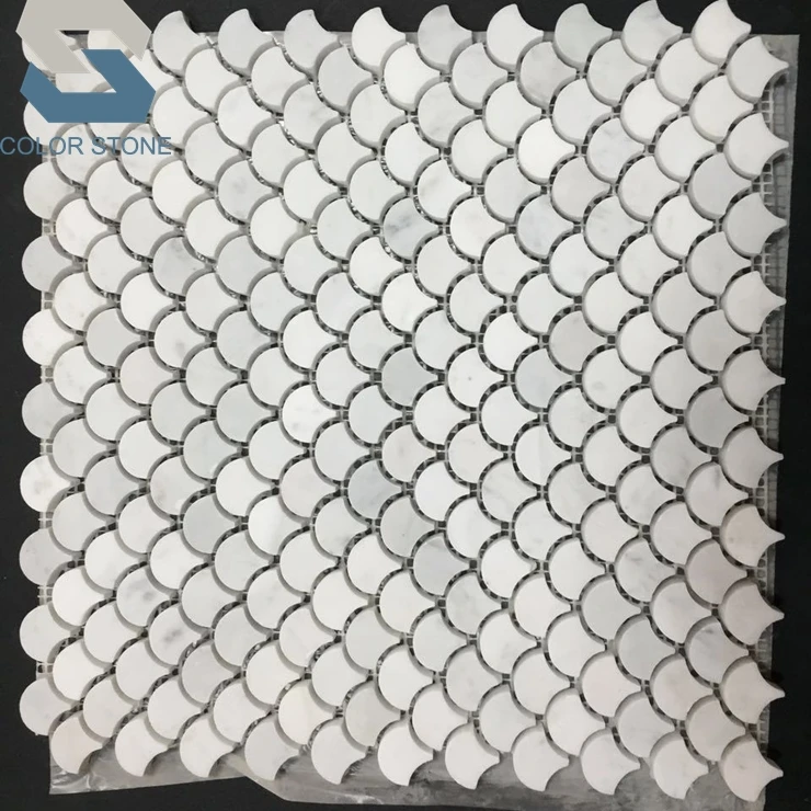 Carrara marble medium fish scale fan shaped mosaic tile backsplash