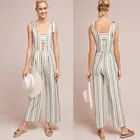 Woman Summer Clothes Ladies Sexy Sleeveless Deep V neck Striped Cotton Linen Jumpsuit