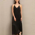 Best sellers Fashion Ladies Sleeveless Long Pure Black Sexy Backless Halter Dress with Beaded neckline