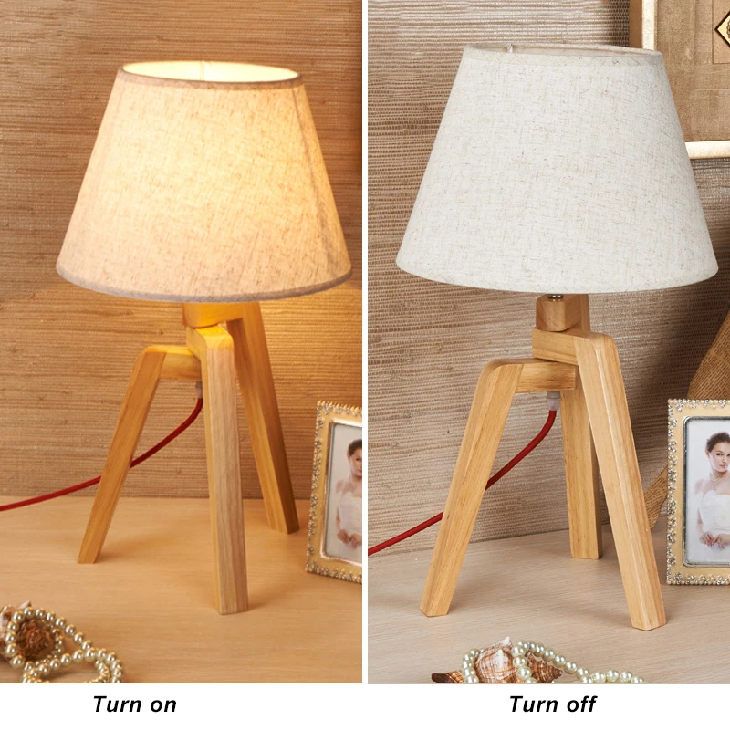 Modern Design Furniture Table Lamp Natural Wooden Rotatable Tripod Table Lamp Round Fabric Lampshade Uplight Desk Lamp