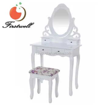 Wooden Portable Mirrored Dresser White Dressing Table With Stool