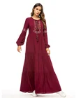 Women's Formal Red Cotton Muslim Embroidery Tiered Islamic Dresses