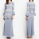 Malaysia Lady Dress Islamic Clothing Stripe Lace Top Pastel Baju kurung