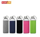 Custom Logo Drinking Glass Water Bottle With Colorful Nylon Pouch / High Borosilicate Glass Bottle Drink