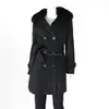 Wholesale Fashion black pure ladies' cashmere winter overcoat with fur collar