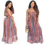 Women Neck and Backless Color Strips Wrapped Chest Loose Dress M784