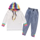 Children clothing girl rainbow summer clothes set including hooded Audale T shirt + denim pants