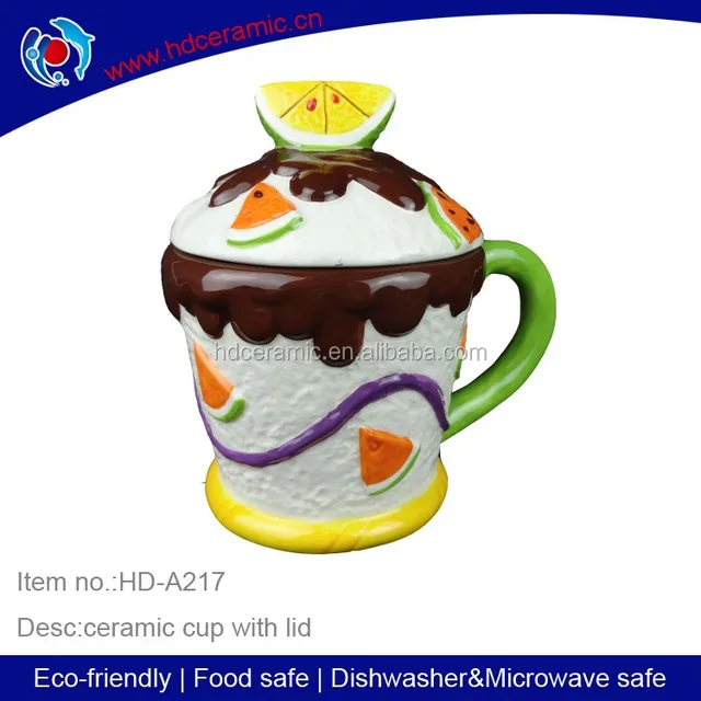 handpainted fruit color embossed ceramic mug with lovely lid