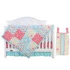 Pink and Grey Floral print stitching crib set with bumper 100% cotton baby bedding set