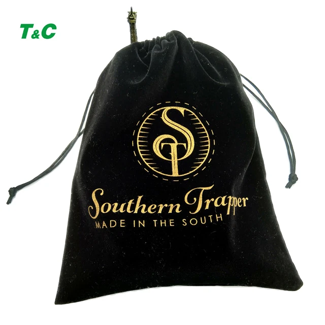 custom logo printed black velvet drawstring pouch bag jewelry