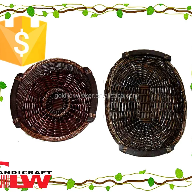 fruit basket, 2 pieces oval willow trays with wooden handles
