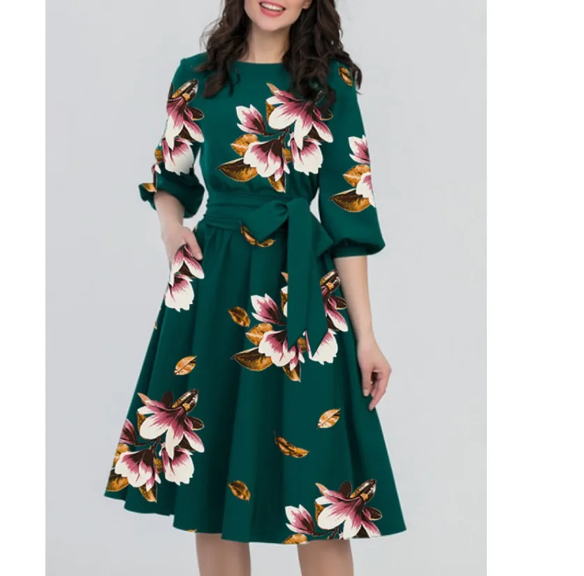 E9053 estampado Floral vestido Vintage vestido de las mujeres de la primavera 50s 60s estilo manga de gran oscilación de vestidos de fiesta Plus tamaño casual Vestido