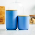 Wholesale custom logo matte blue small size ceramic candle jar with bamboo lid