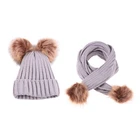 2019 stock cute kids winter plain baby scarf beanie sets hat double ball winter baby beanie hats