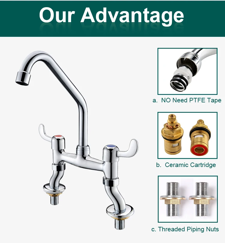 Brass UPC Commercial 2 Hole Kitchen Mixer Taps with 360 Rotate Swivel Faucet Nozzle