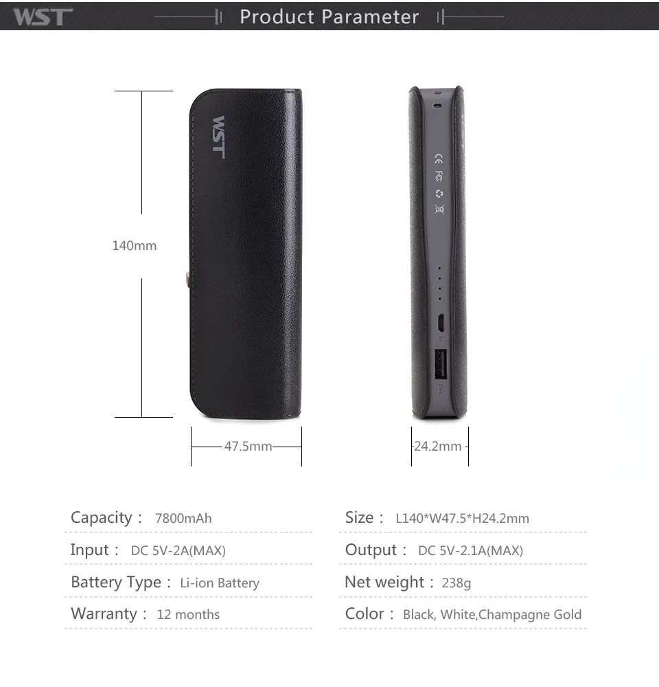 Shenzhen factory WST hot sale 7800mAh leather touch feeling power bank for mobile phone - ANKUX.COM