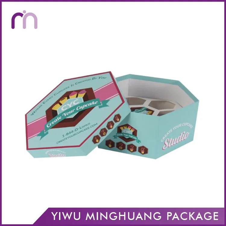 custom luxury hexagon cupcake packaging box with white paper