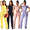2019 women Fashion two pieces set knit short sleeve round Neck top high waist wide legs long lady jumpsuits and rompers