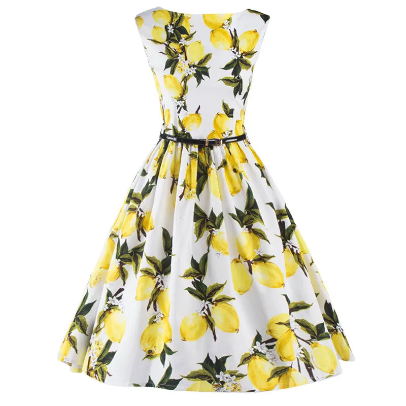 Onen mujeres al por mayor 50 s 60 s limón vestido de impresión floral sin mangas a-line Cinch cintura vestido vintage estilo swing vestido