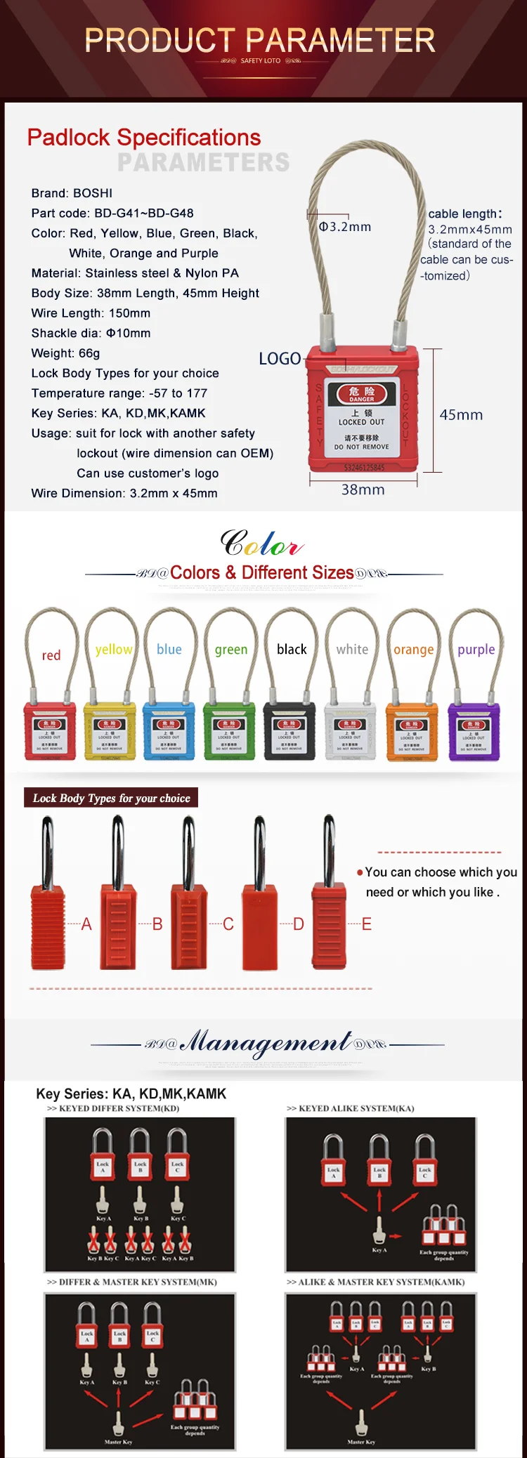 CE Certification ABS Cable Safety Padlock all different colors(8)