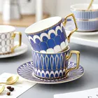 luxury royal pink and dark blue bone china porcelain coffee cup and saucer sets, gold ceramic cup