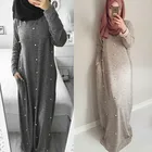 casual pleated high waist loose cotton round neck muslim dress