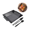 Wholesale Eco-FriendlyStainless Steel Grill Pan with food tongs ,silicone brush Fish Meat Pizza Grill Basket BBQ Grill Cookware