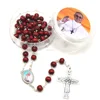 Pope Cross Rose Scented Red Wood Beads Rosary Pope Francis Image Rosary With Pope Box Design